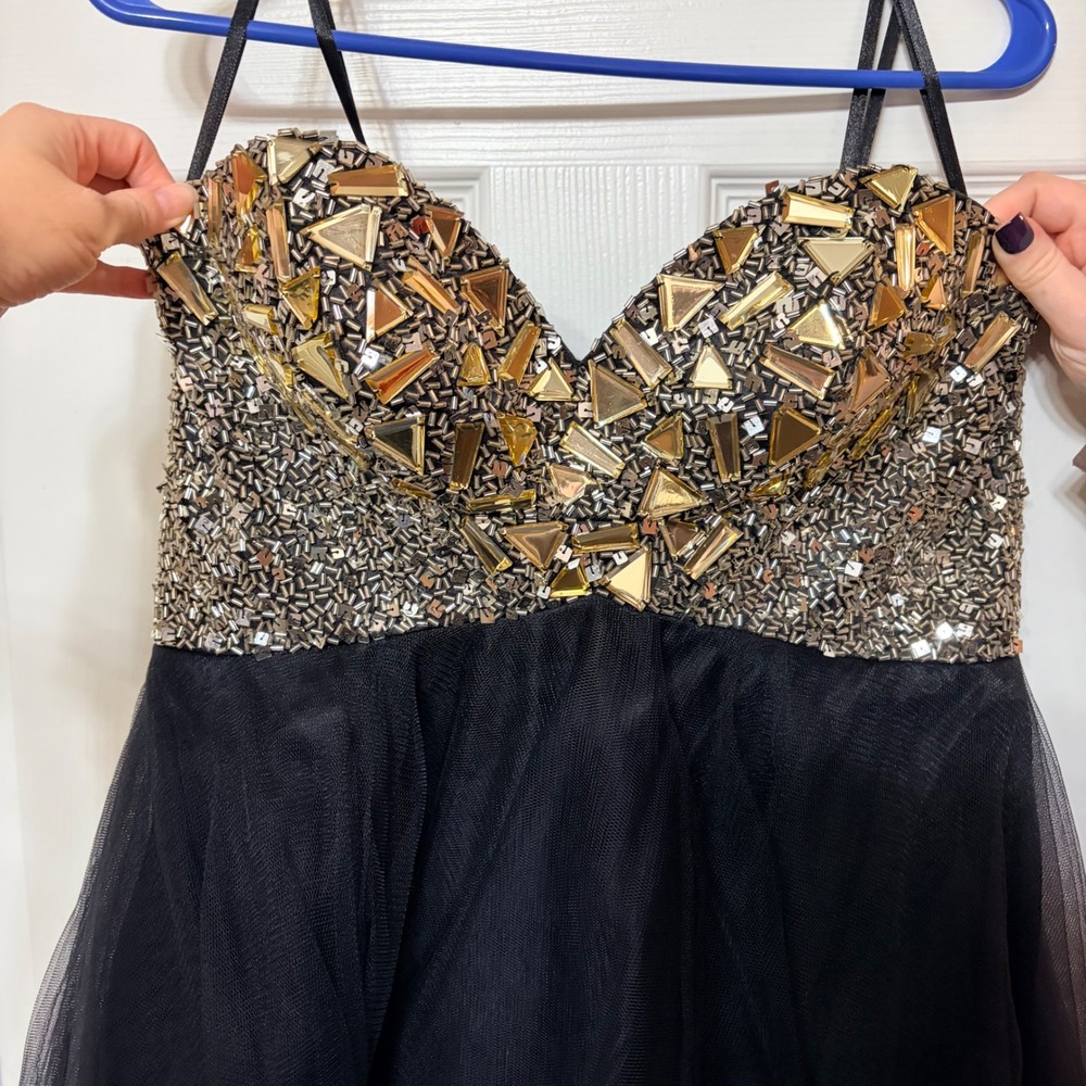Black Tulle Mini Dress Gold Silver‎ Geometric Beaded Sequin Bodice Lace Up Back